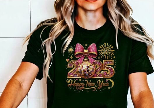 Glitter-Gold-Bow-Disco Ball Happy-New-Year-2025 T-Shirt | Sweatshirt | Hoodie