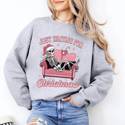 Just Waiting For Christmas Skeleton Pink | Sweatshirt | Hoodie | Christmas Apparel