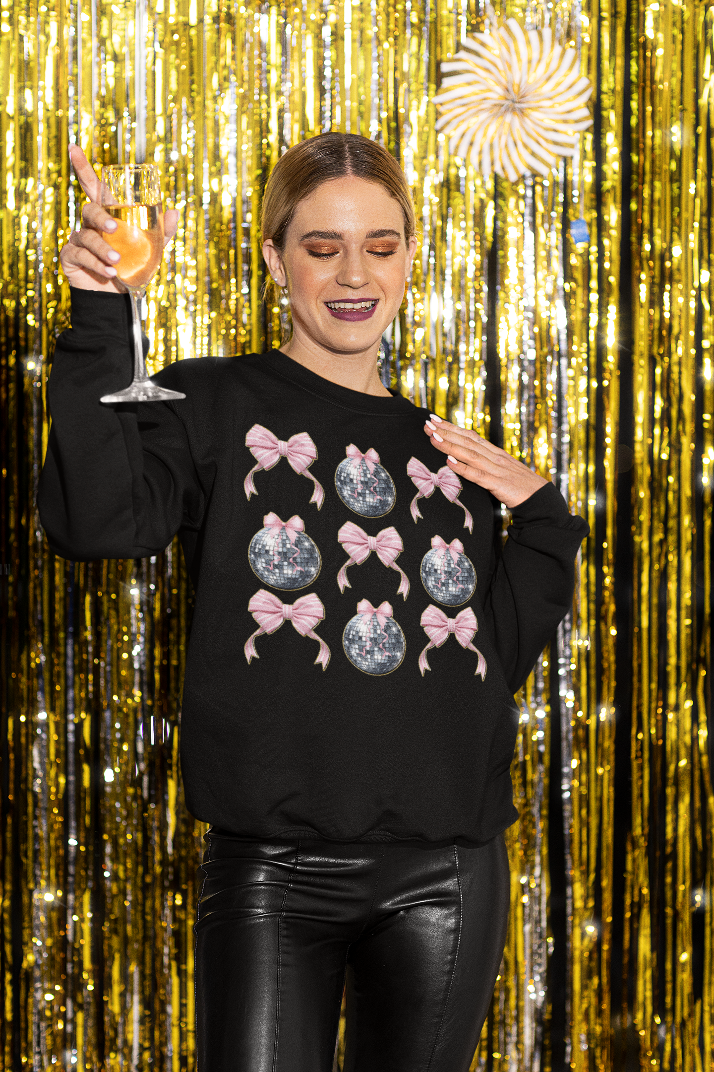 Coquette-New-Years-Eve Coquette-New-Years-Disco Ball & Bow T-Shirt | Sweatshirt